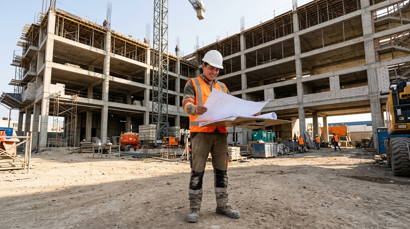 Maestro de obra revisa planos frente a una estructura en construcción