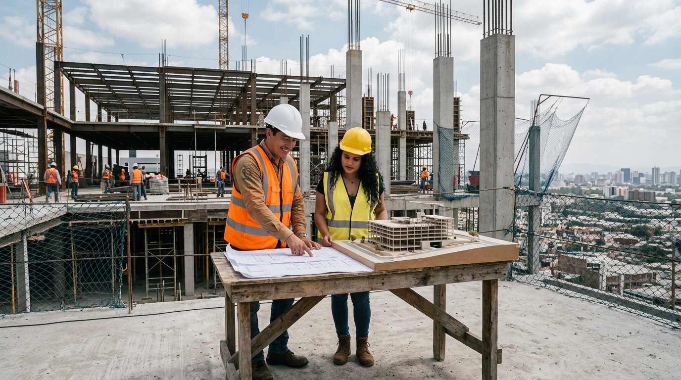 Ingenieros revisan planos y una maqueta en la terraza de una obra