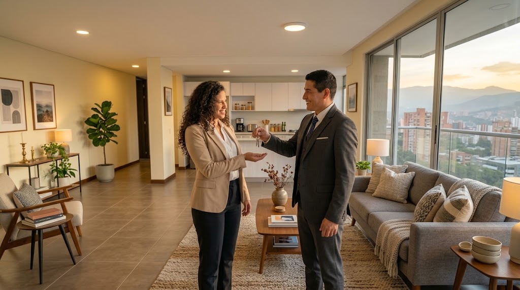 Asesora inmobiliaria entrega las llaves de un apartamento