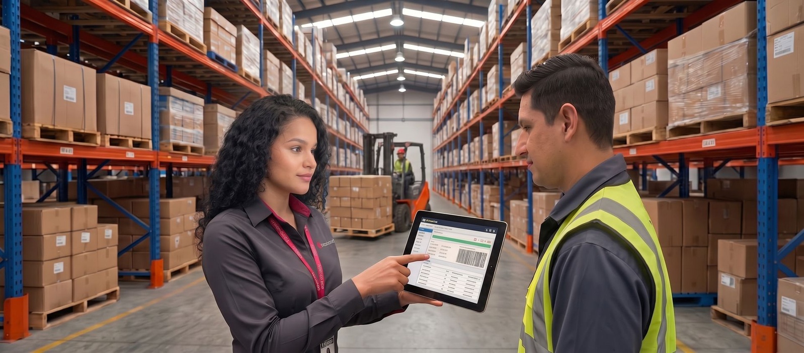 Dos personas revisan un despacho con una tablet en el muelle de carga