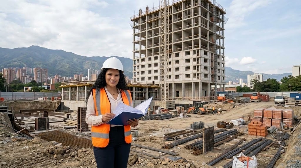 Ingeniera con casco revisa una carpeta frente a un edificio en construcción