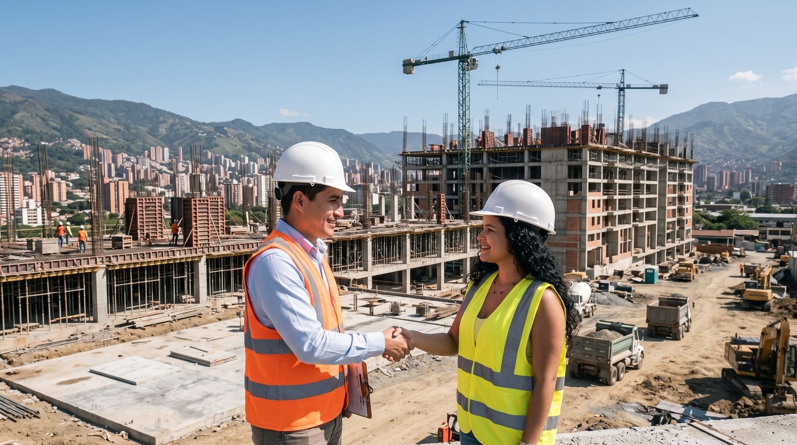 Dos ingenieros con casco se saludan en una obra con la ciudad al fondo