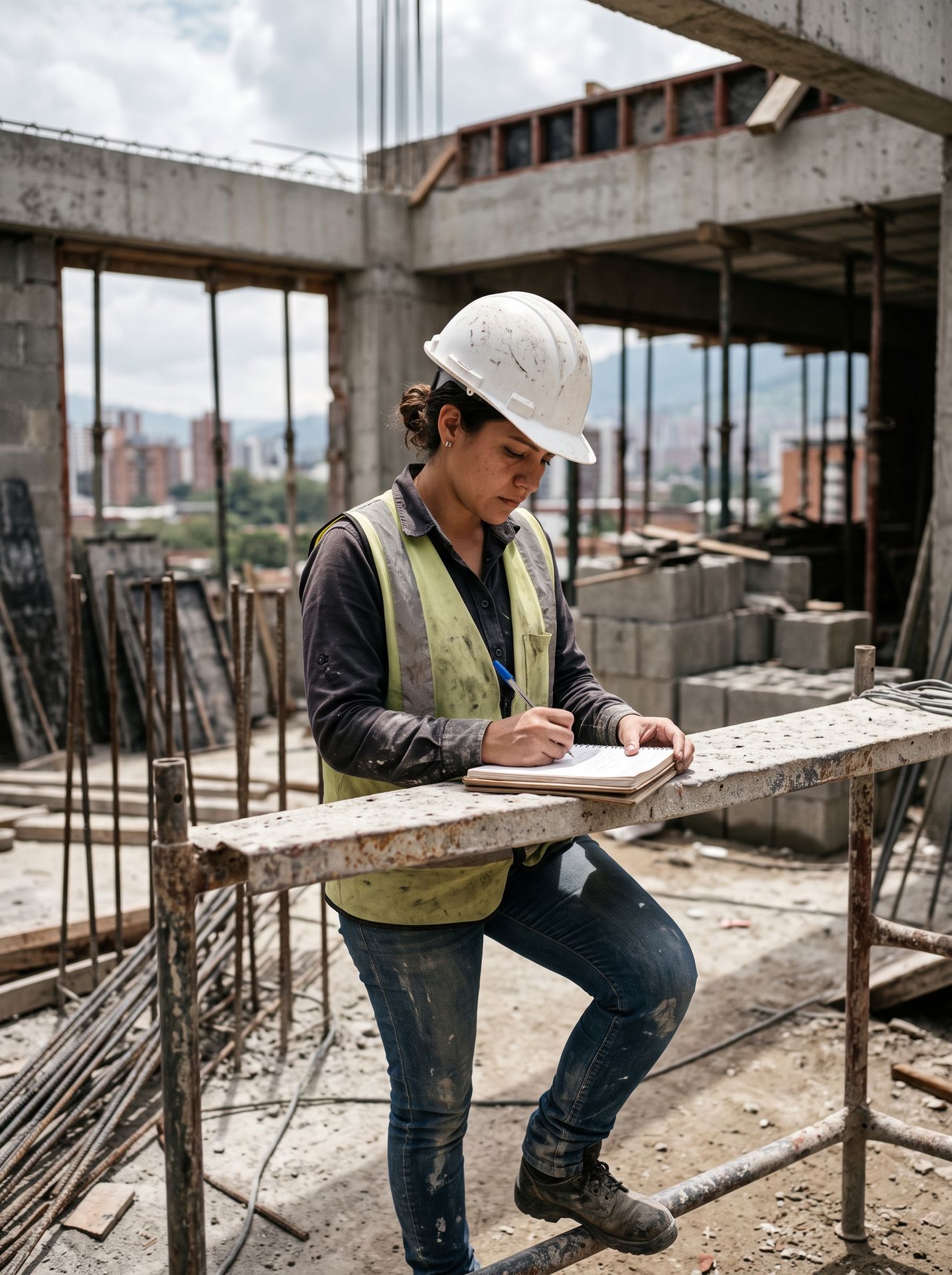 Residente de obra toma notas en una libreta en la obra