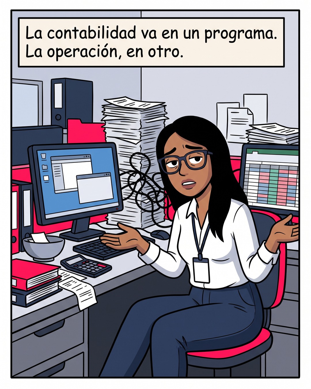 Contadora entre dos computadores separados, uno con la contabilidad y otro con una hoja de cálculo