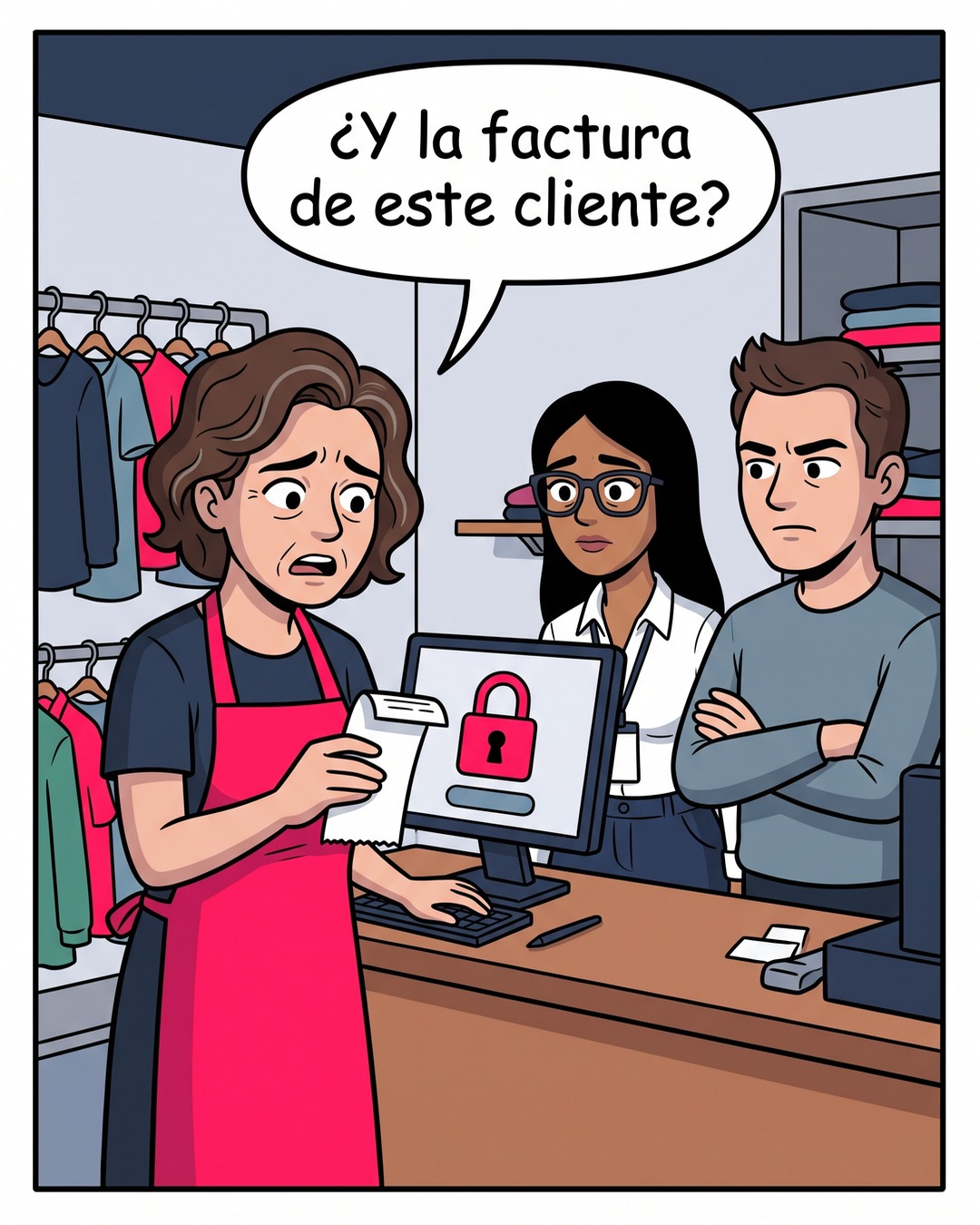 Dueña de una tienda con un recibo en la mano y un cliente esperando una factura