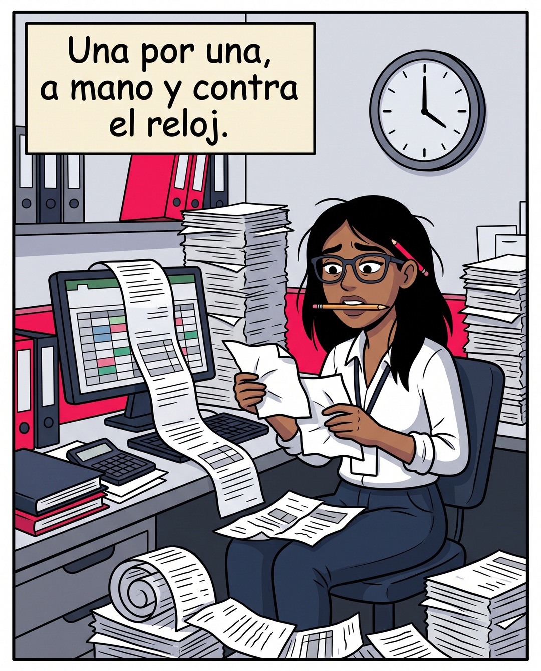 Contadora revisando a mano una fila interminable de facturas contra el reloj