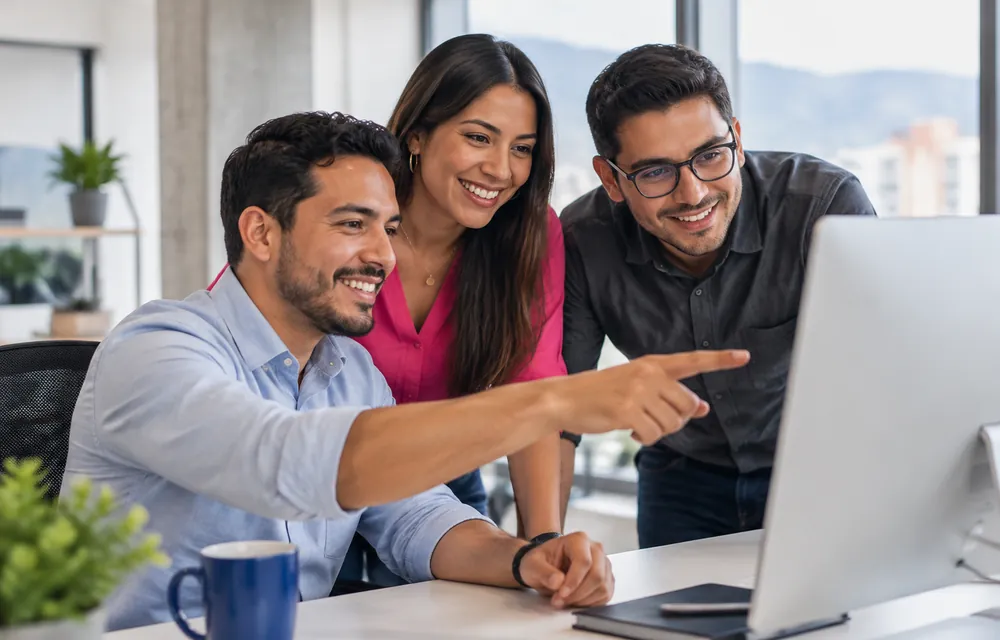 Tres compañeros de trabajo sonriendo mientras revisan información en el monitor de una oficina