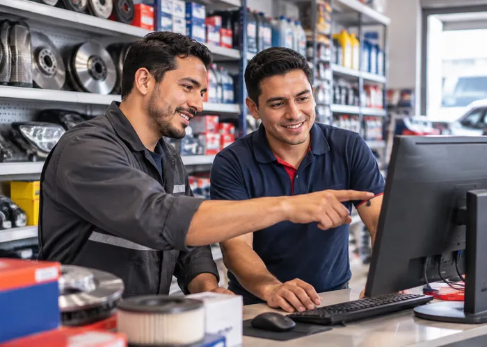 Mecánico y vendedor revisando el inventario en un computador en el mostrador de autopartes