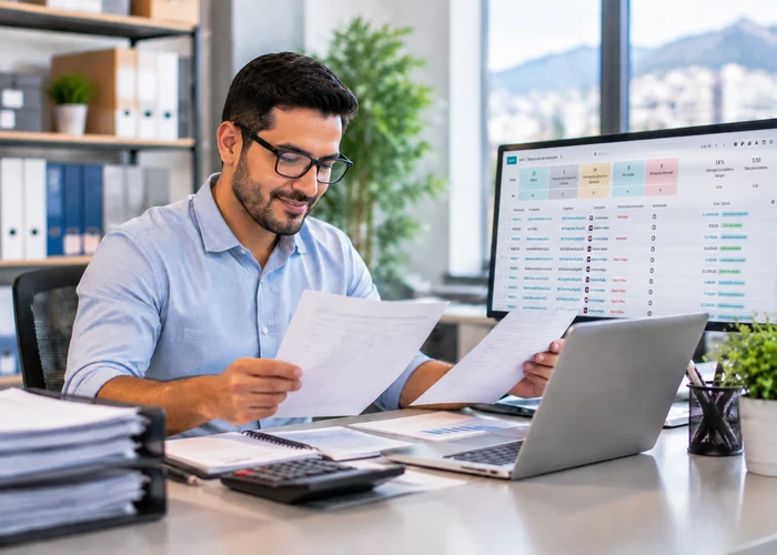 Jefe de compras revisando cotizaciones impresas con el sistema abierto en el monitor