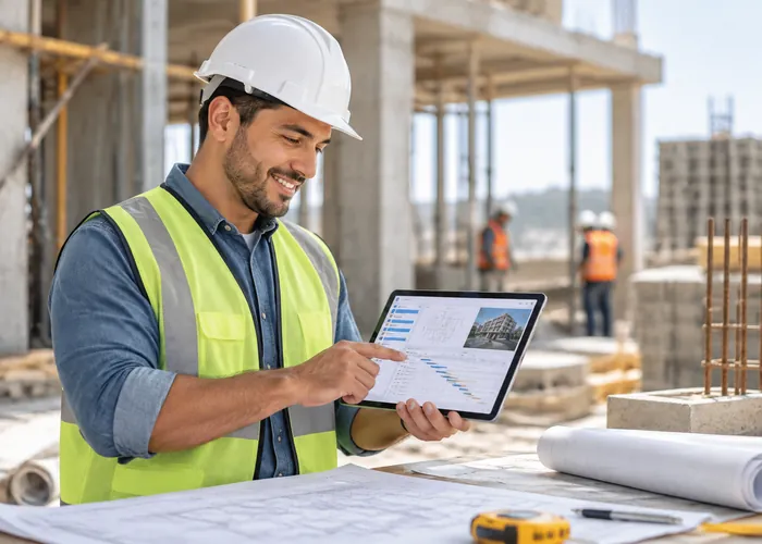 Ingeniero civil con casco y chaleco revisando planos digitales en una obra