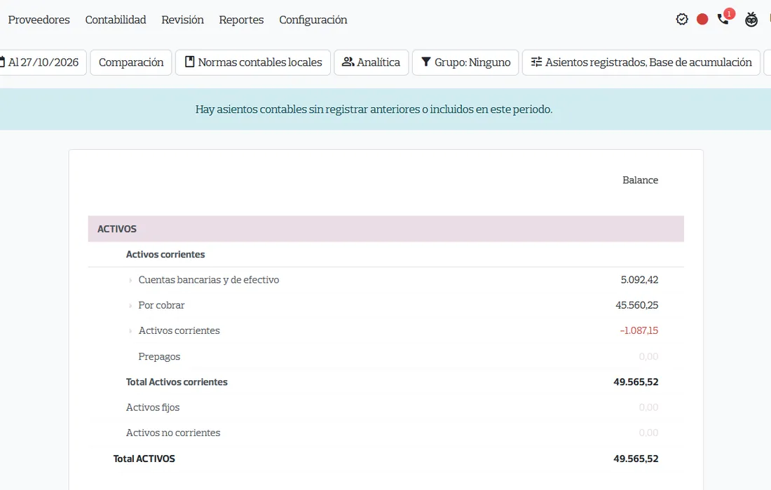 Balance general del módulo de contabilidad de Nexovate