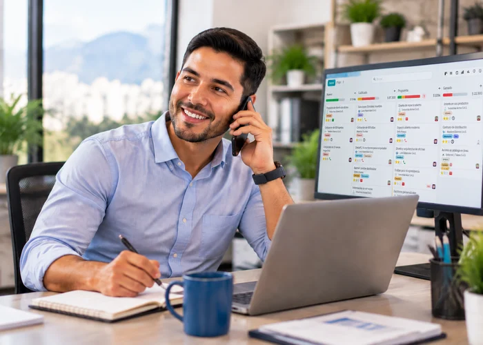 Ejecutivo comercial hablando por teléfono con el tablero de oportunidades en el monitor