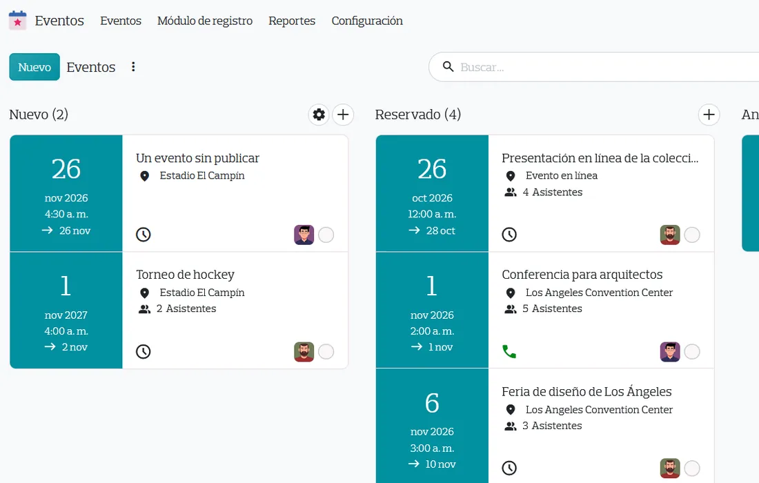Tablero de eventos con inscripciones por etapa