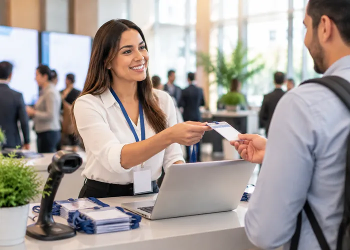Organizadora de un congreso registrando a un asistente en el mostrador de bienvenida