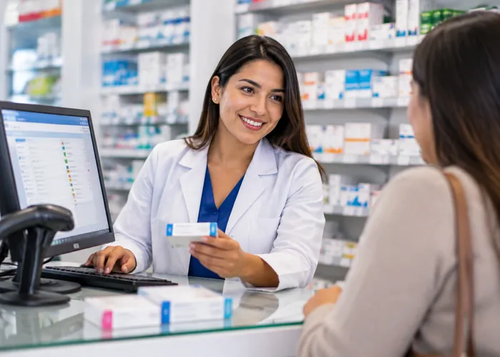 Farmacéutica entregando un medicamento a una clienta en el mostrador