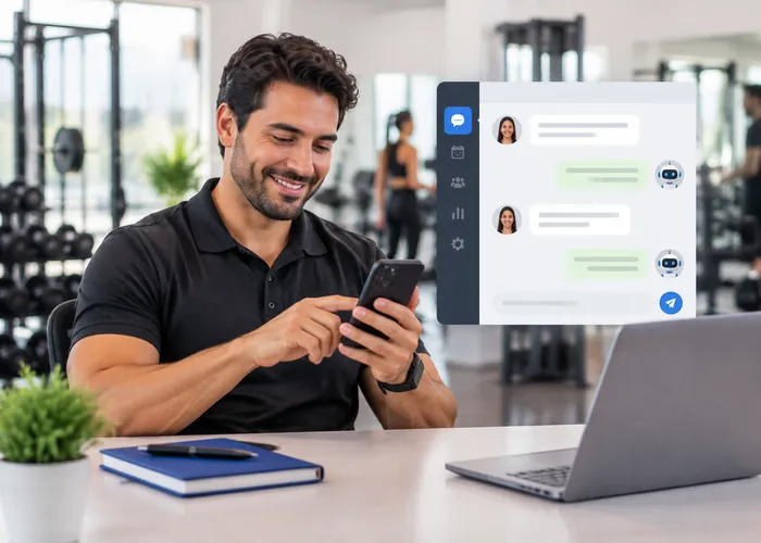 Dueño de un gimnasio atendiendo por celular, con una ventana de conversación con asistente virtual