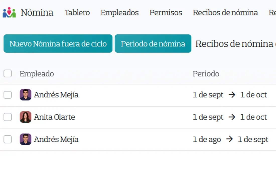 Recibos de nómina por empleado y periodo