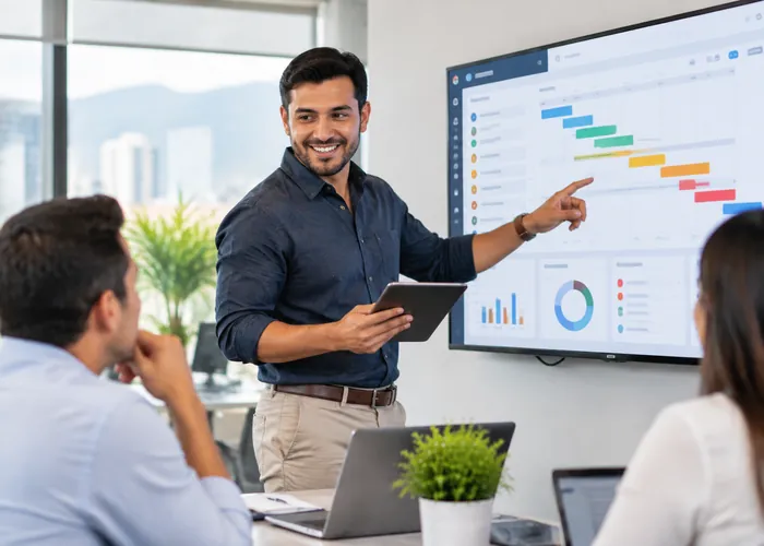 Gerente presentando un tablero de planeación con diagrama de tareas a su equipo