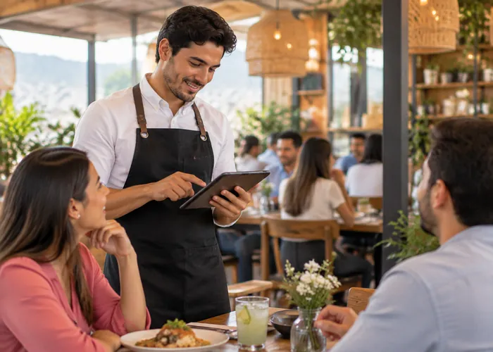 Mesero tomando la orden con una tableta a comensales en un restaurante