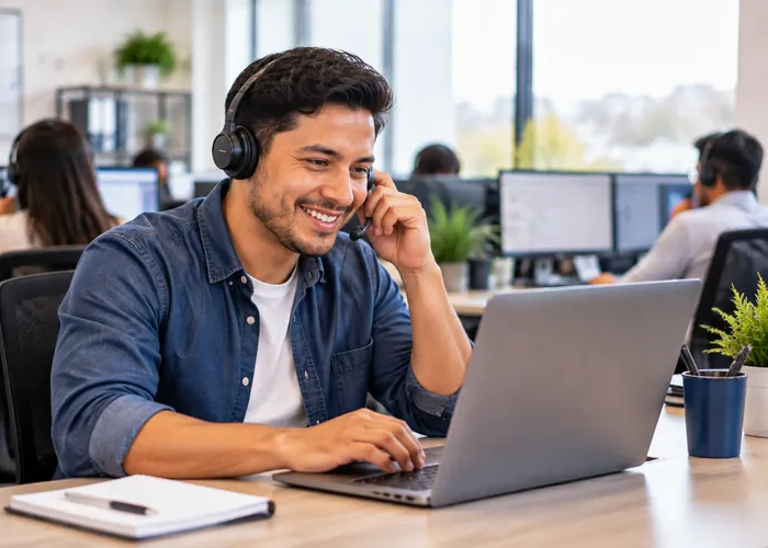Técnico de soporte sonriendo con auriculares mientras trabaja en su portátil