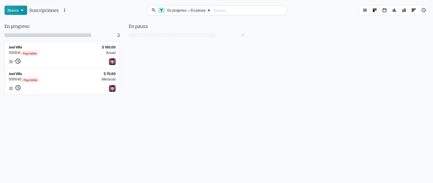 Lista de suscripciones con facturación recurrente