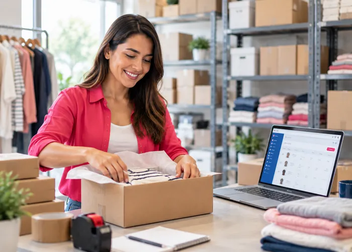 Emprendedora empacando un pedido con su portátil mostrando la tienda en línea