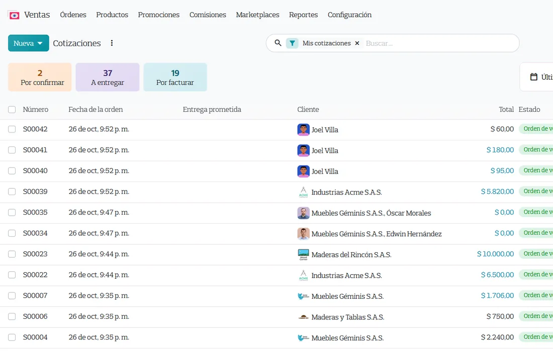 Lista de cotizaciones del módulo de ventas de Nexovate