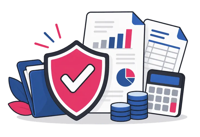 Escudo con marca de verificación sobre documentos fiscales, monedas y calculadora